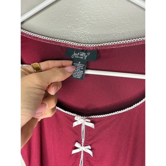 Just Polly New York Burgundy Ribbed Bow Detail Long Sleeve Top – Size Small - Picture 4 of 4